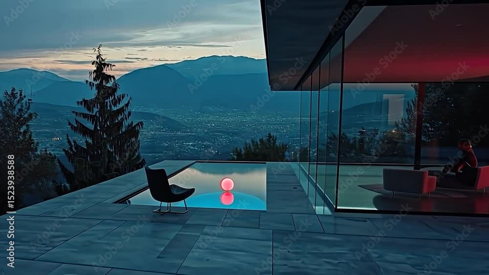 Poster Modern house with pool and mountain view at twilight.