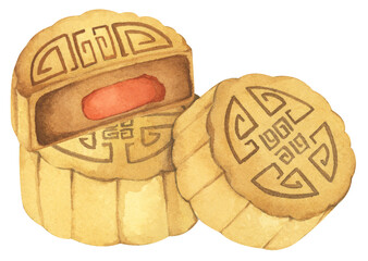 Mooncakes Illustration – Traditional Chinese Dessert for Mid Autumn Festival, Symbol of Prosperity. Watercolor Illustration.
