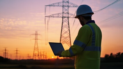Maintenance engineer and worker under high voltage power tower