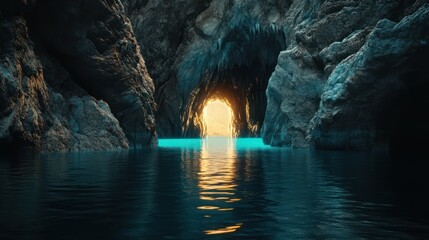 Sunlight streams through a sea cave