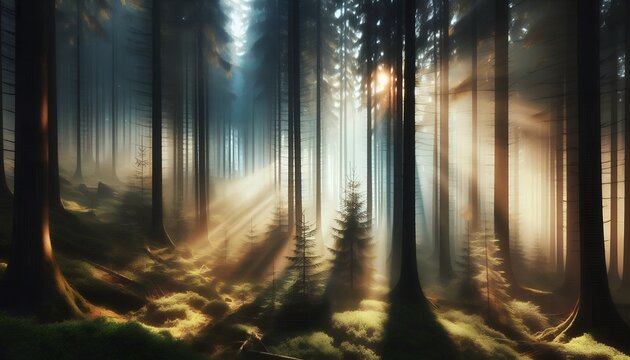 sun rays in the forest - Powered by Adobe
