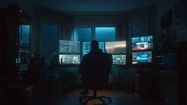 A person sits at a workstation, surrounded by multiple computer monitors displaying lines of code and data.  Rainy night outside the large window