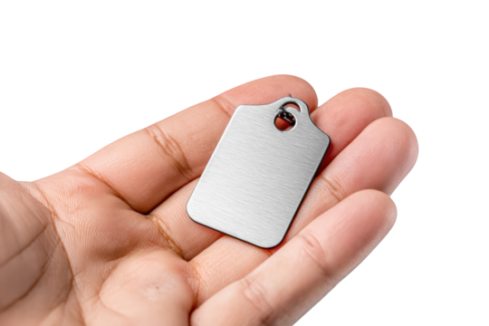 Blank metal tag in hand close up shot perfect for mockups branding designs advertising and marketing projects minimalist style elegant brushed metal on transparent background high