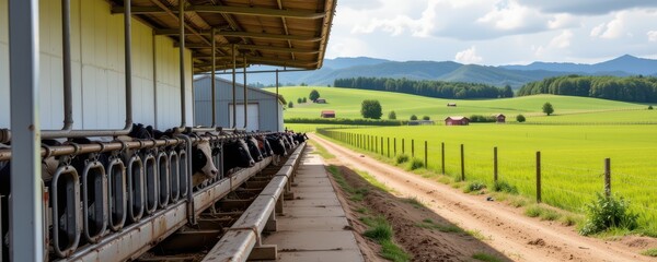 a dairy farm with a milking parlor, cows lined up patiently, fresh green grass fields beyond, and a backdrop of gentle rolling hills.