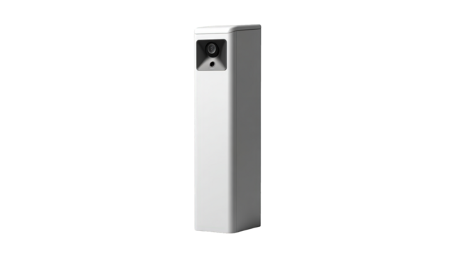 Modern white security camera system outdoor vertical design for smart home protection and surveillance technology post pole cctv tool device gadget pillar on transparent background