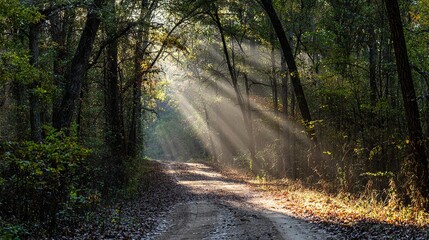 Fototapeta premium A forest path lined with tall trees leads into the distance, the sun shines through the leaves, and in front of it is an open clearing that exudes serenity.