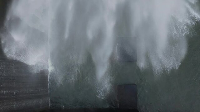 Bursting Water From The Large Pipe Over Presa Barrie In Negreira, A Coru&ntilde;a, Spain. Slow Motion Reveal Shot
