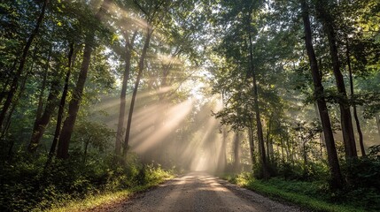 Obraz premium A forest path lined with tall trees leads into the distance, the sun shines through the leaves, and in front of it is an open clearing that exudes serenity.