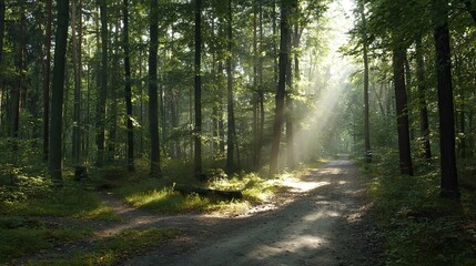 Obraz premium A forest path lined with tall trees leads into the distance, the sun shines through the leaves, and in front of it is an open clearing that exudes serenity.