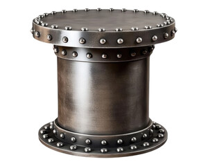 industrial style metal stool with rivets on white background.