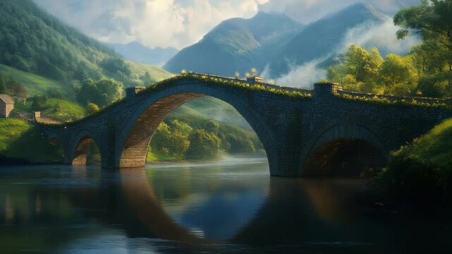 A bridge spans a river with a calm, peaceful waterway. The bridge is old and has a stone arch design. The scene is serene and picturesque, with the bridge and waterway creating a sense of tranquility