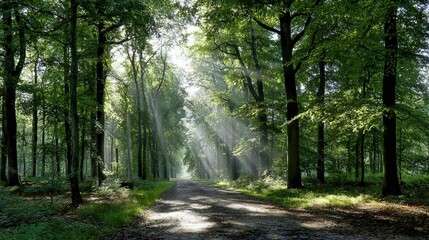 Obraz premium A forest path lined with tall trees leads into the distance, the sun shines through the leaves, and in front of it is an open clearing that exudes serenity.