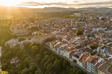 Fototapeta premium Aerial view of Pamplona at sunrise, the capital of Navarre in northern Spain
