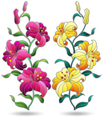 Set of stained glass illustrations with bouquets and lilies flowers, flovers isolted on awhite background