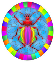 Illustration in stained glass style abstract in rainbow beetle on a blue background, the oval image in bright frame