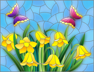 Stained glass illustration with a bouquet of bellflowers flowers, composition on a blue background