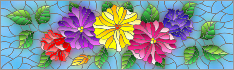Illustration in stained glass style with abstract intertwined bright flowers and leaves on blue background
