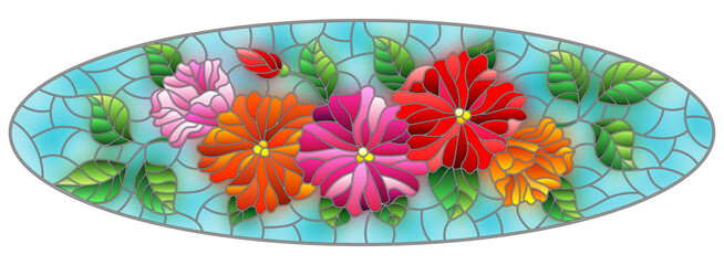 Illustration in stained glass style with abstract intertwined bright flowers and leaves on blue background