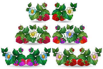 A set of stained glass illustrations with compositions of berries and strawberry leaves, isolated on a white background