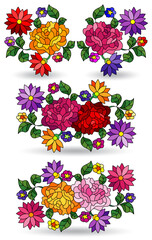 A set of stained glass illustrations with floral arrangements, isolated on a white background