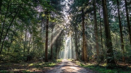 Obraz premium A forest path lined with tall trees leads into the distance, the sun shines through the leaves, and in front of it is an open clearing that exudes serenity.