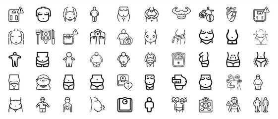 Obesity icons set weight loss diet health body shape