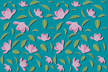 Illustration of magnolia flower with leaf with shadow on blue green background.