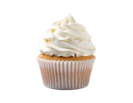 Vanilla cupcake with swirled frosting isolated on transparent background