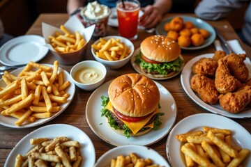 a table full of assorted fast food items: fries, burgers, fried chicken, all high in trans fats.