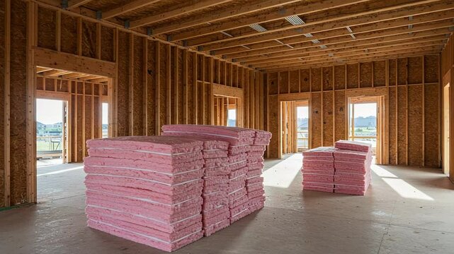 Stacks of pink mineral wool insulation in a construction site interior  