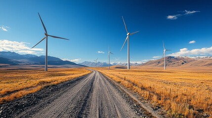 Stunning windmills against a clear blue sky with mountain backdrop in a serene landscape