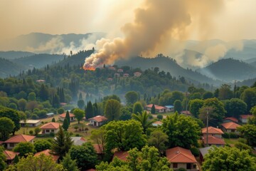 Fototapeta premium forest fire caused by illegal logging, with firefighters battling flames and smoke clouds engulfing nearby villages and wildlife habitats.