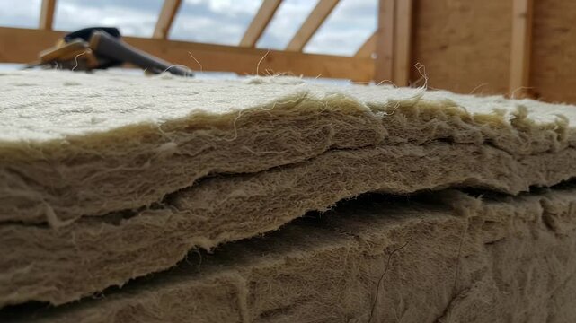Insulation material displayed against wooden construction framework, concept of mineral wool  