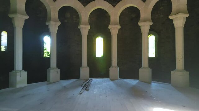 Inside The Abandoned Chapel Of Ermita de F&aacute;tima In Chantada, Lugo, Spain. Dolly Shot
