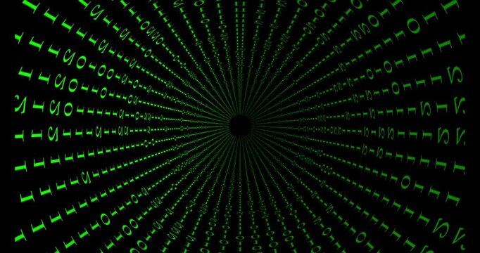 Green binary code creating a digital tunnel effect.