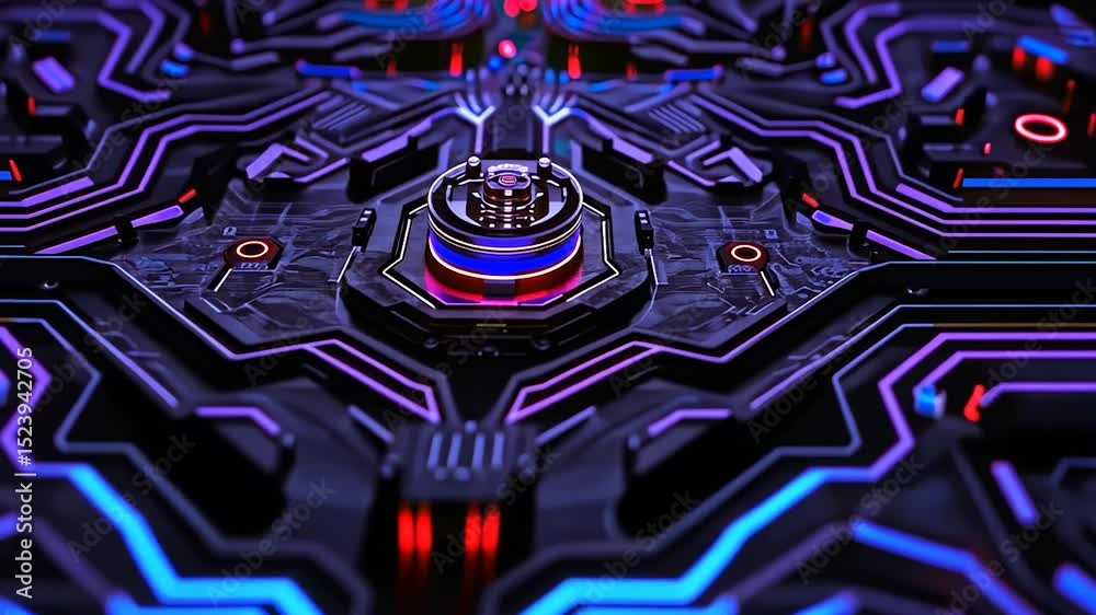 Poster detailed circuit board design with glowing lines.