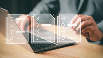 Checklist business performance monitoring concept, Business using tablet online survey filling out check digital form task, online survey question form, target marketing planning with quality control
