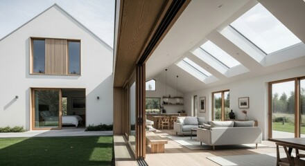 Modern farmhouse with open-plan living area.