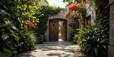 Tropical Door Discovery Weathered wooden door set in ancient stone wall, partially covered by vibrant bougainvillea flowers and tropical vines.