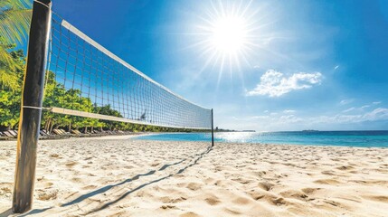 Beach volleyball net on pristine sand. Sun shines bright