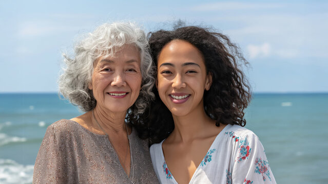 Smiling senior asian woman and young woman posing together with beach in background. Generational bonding and family vacation concept.