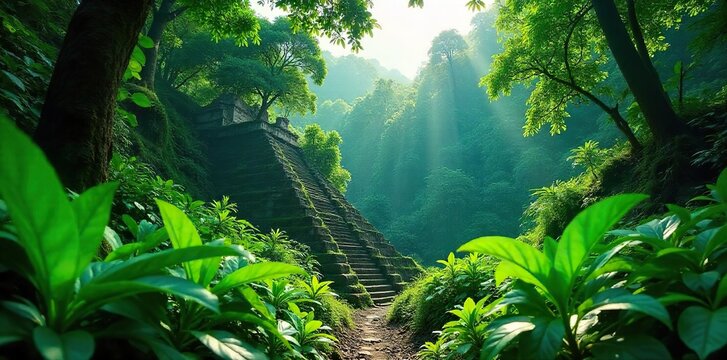 Lush green canopy of a Mayan rainforest, sunlight filtering through dense foliage, ancient ruins partially hidden by vibrant vegetation , biodiversity, bromeliads