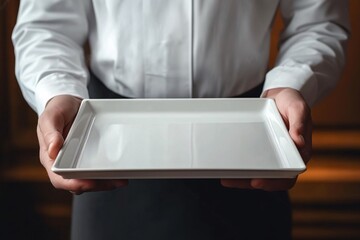 Waiter Holding Square White Porcelain Tray in Upscale Setting