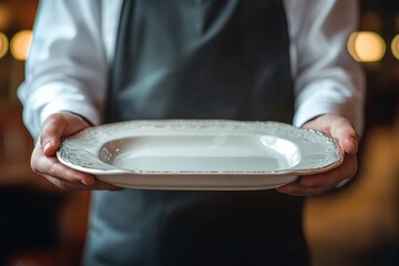 Waiter Holding White Oval Tray with Ornate Edge in Fancy Restaurant