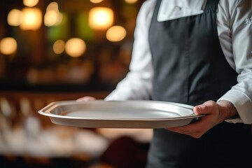 Waiter Presenting Silver Tray with Arms Extended Sideways