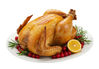 Isolated Roasted Turkey Garnished with Cranberries Rosemary and Lemon