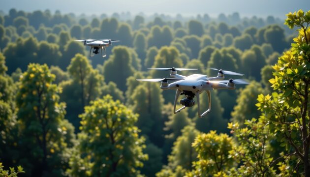 solar powered drones flying above a lush forest, monitoring the environment, representing eco tech and sustainability, with bright natural lighting