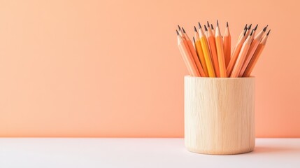 Wooden pencil holder with assorted pencils on a pastel background