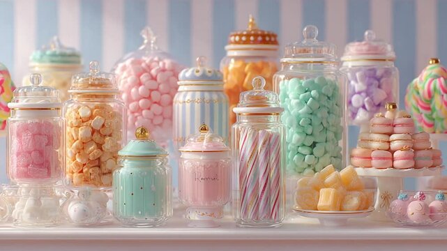 Colorful array of candies and sweets in elegant glass jars on shelves against striped background