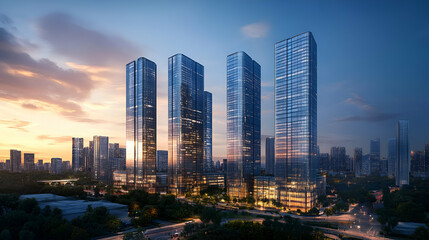 Obraz premium Modern Skyscrapers at Sunset Cityscape